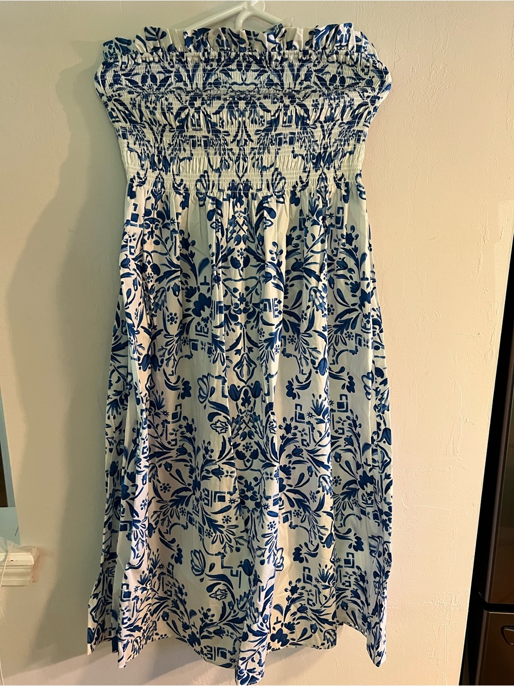 H&M White Strapless Dress with Blue Floral Print